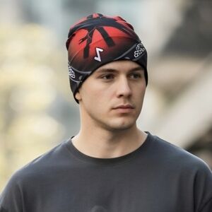 2/$10 Unisex Red and Black Ravin Graphic Slouchy Beanie